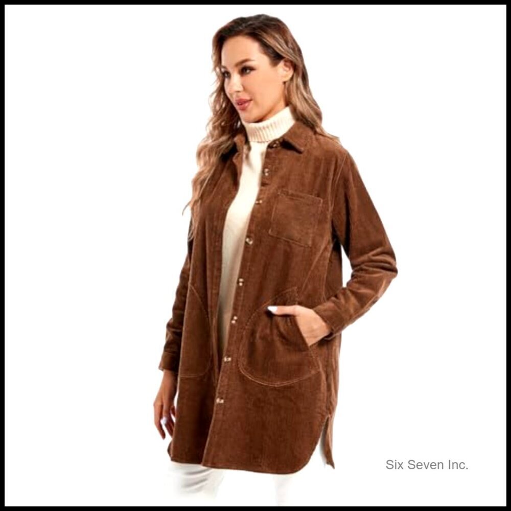 Corduroy Shacket Button Down Blouse Long Sleeve Oversized Chic Fall Tunic - Picture 6 of 7